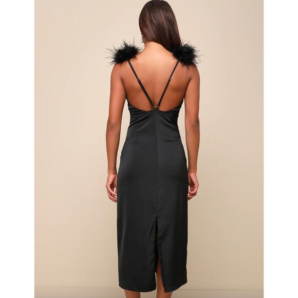 Exquisite Invite Black Satin Feather Backless Midi Dress XL Lulu's  MSRP $80 - Picture 3 of 6